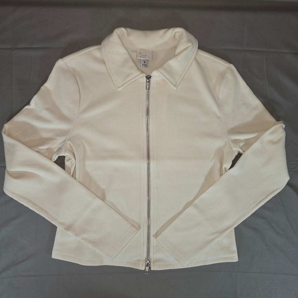 A New Day Cream Ribbed Zip-Up Jacket Long Sleeve Collared Top Medium 018019201